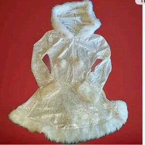 White Faux Fur Trim Hooded Dress